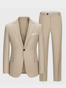 Men's Suit Translation Men's Suit, Business Casual Style, Men's Solid-Color Minimalist Daily Wear Long-Sleeve Suit Set, Including A Long-Sleeve Suit With Lapel Design And Matching Trousers. Suitable For Daily Leisure, Work Commuting, Weddings, Dances, Business And Other Occasions, Featuring A Minimalist And Elegant Style. - 米色 - 查看 5
