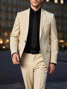 Men's Suit Translation Men's Suit, Business Casual Style, Men's Solid-Color Minimalist Daily Wear Long-Sleeve Suit Set, Including A Long-Sleeve Suit With Lapel Design And Matching Trousers. Suitable For Daily Leisure, Work Commuting, Weddings, Dances, Business And Other Occasions, Featuring A Minimalist And Elegant Style. - 米色 - 查看 1