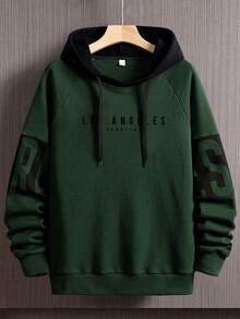 Men's Contrast Color Letter Print Drawstring Hoodie Sweatshirt, Fall