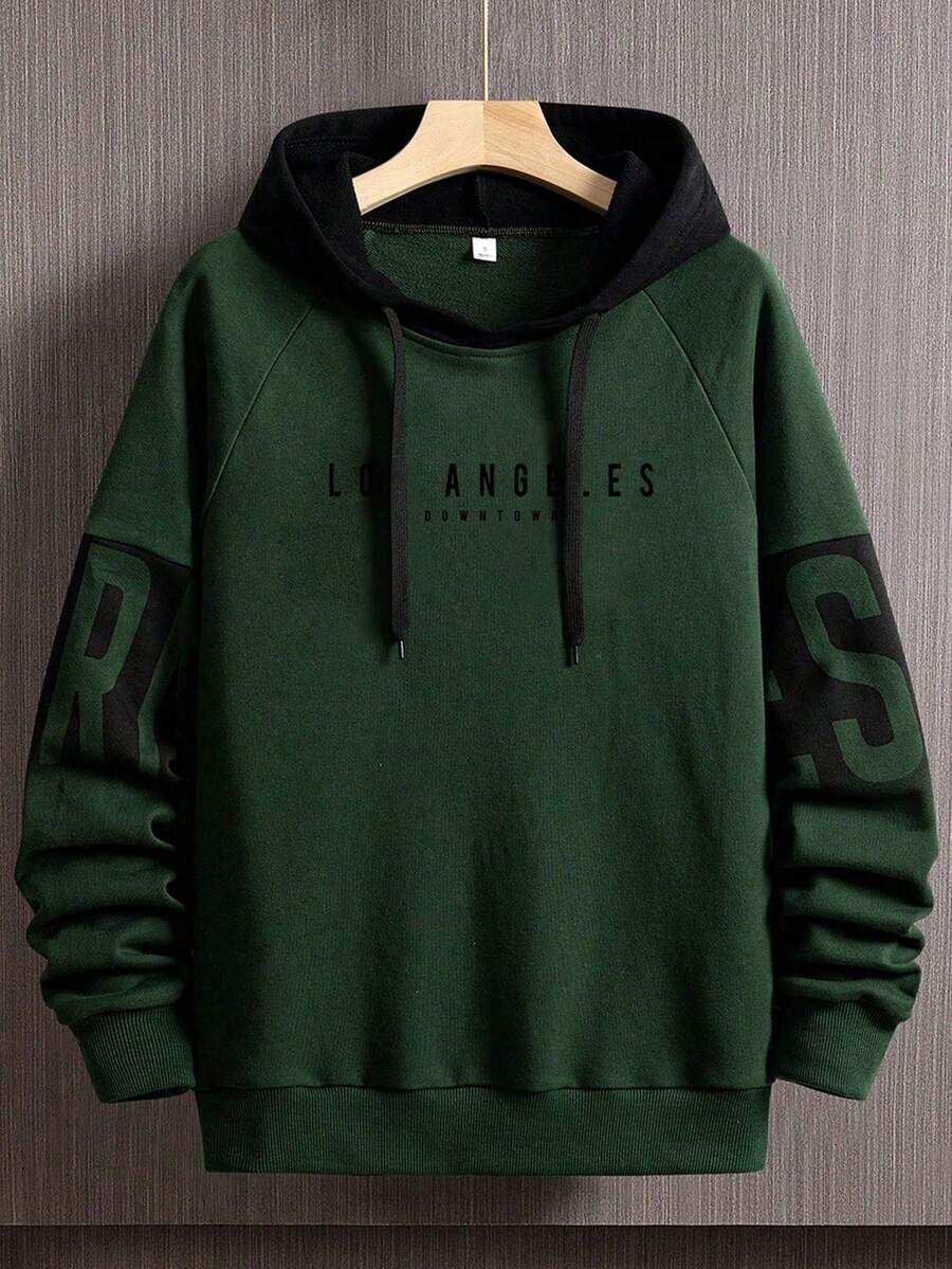 Men's Contrast Color Letter Print Drawstring Hoodie Sweatshirt, Fall