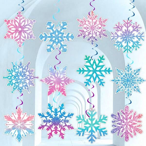 12pcs Christmas Ice And Snow Party Decoration Spiral Pendant Party Packs, Winter Ice And Snow Pendant Hanging Card Snowflake Party Decoration Used