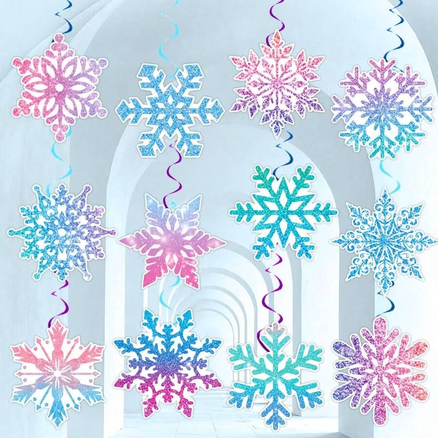 12pcs Christmas Ice And Snow Party Decoration Spiral Pendant Party Packs, Winter Ice And Snow Pendant Hanging Card Snowflake Party Decoration Used