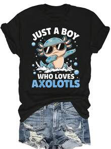 Camiseta "Solo un chico que ama los ajolotes" para mujer y unisex, de verano, casual, transpirable, con personalidad, cuello redondo, manga corta, ropa de calle, versátil, adecuada para adolescentes y adultos - Negro - Ver 1