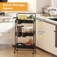 3 Tier Foldable Rolling Cart With Wheels Folding Utility Cart Organizer Collapsible Rolling Storage Cart With 3 Hanging Cups 6 Hooks For Kitchen Office Nursery Black - 黑色 - 查看 3