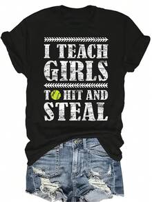 Enseño a las niñas a golpear y robar Camiseta de softbol para mujeres Unisex Verano Casual Transpirable Personalidad Cuello redondo Manga corta Camiseta Ropa de calle Versátil, Adecuado para adolescentes y adultos - Negro - Ver 1