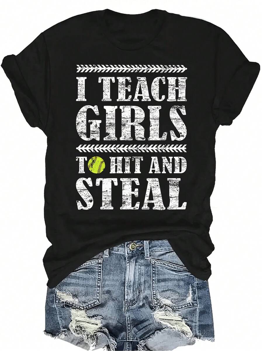Enseño a las niñas a golpear y robar Camiseta de softbol para mujeres Unisex Verano Casual Transpirable Personalidad Cuello redondo Manga corta Camiseta Ropa de calle Versátil, Adecuado para adolescentes y adultos - Negro - Ver 1