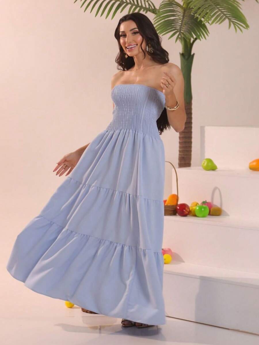 Look Of Millions!!! Long Strapless Dress With Floral Print - Celeste - Ver 1