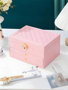 1pc Luxury Diamond Pattern Lockable 3/2/1 Compartment Jewelry Box, Multilayer Jewelry Box With Lock, Jewelry Storage Box, Earring & Jewelry Organizer, Vanity, Bedroom Accessory, Home Organization & Storage, Room Decor, Gift For Women
