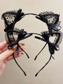 ROMWE Kawaii 1 件女士性感蕾丝和毛绒兔耳朵头带，适合节日、派对、角色扮演、日常角色扮演和其他场合，情人节情人节，发带，发箍头带，黑色 - 黑色 - 查看 7