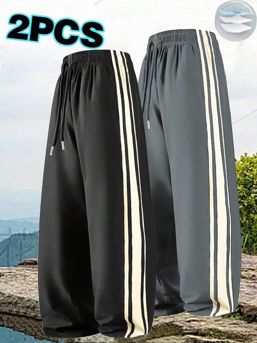 2条装 男士薄款侧条纹直筒运动裤户外慢跑运动健身训练裤男式休闲裤 - 黑色 - 查看 1