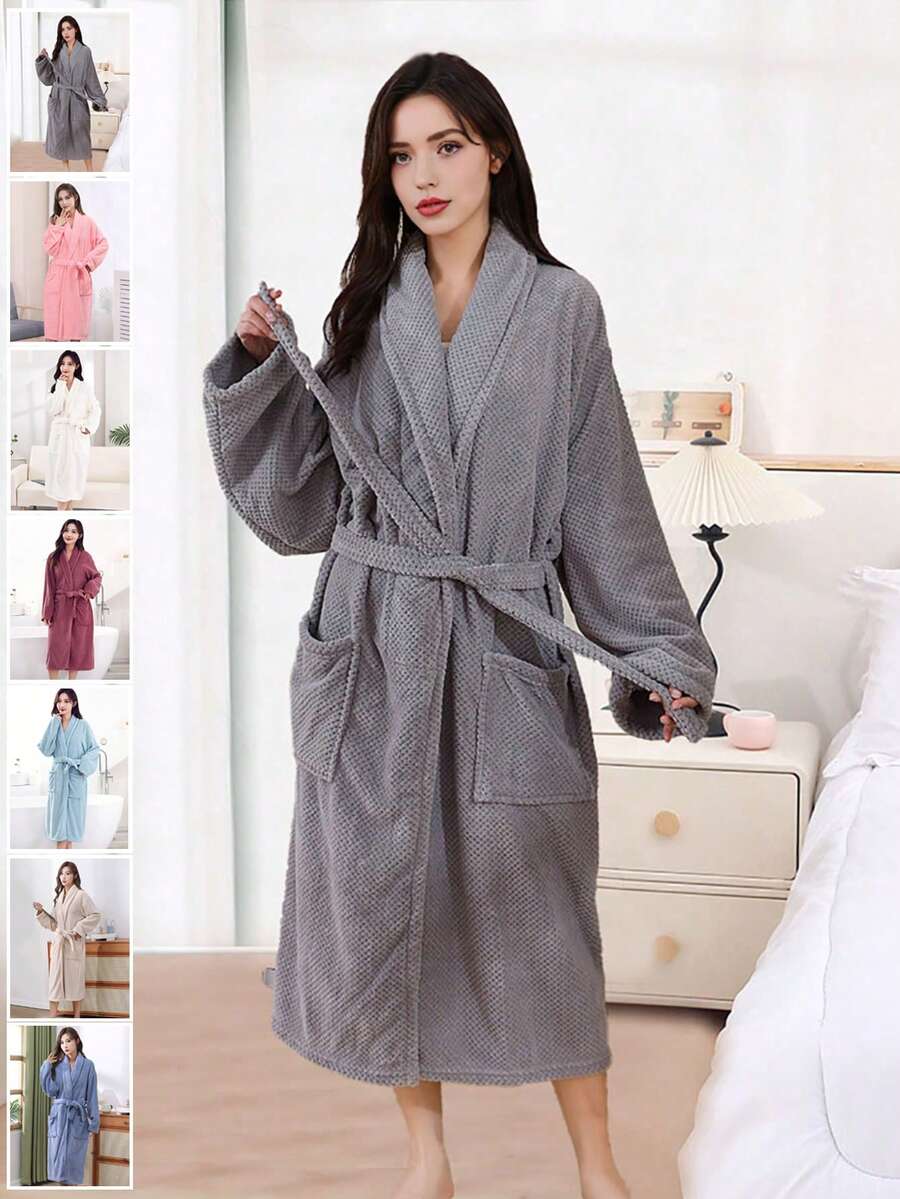 1件女款純色長款浴袍，毛絨柔軟吸水快乾，舒適透氣，可穿式浴巾，適用於居家/SPA/酒店/休閒，四季皆宜，浴室裝飾