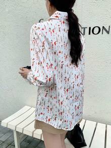 Vintage Ditsy Floral Collared Shirt Women, Versatile All-Match Long Sleeve Top, Office Date Casual Wear - Red - View 5