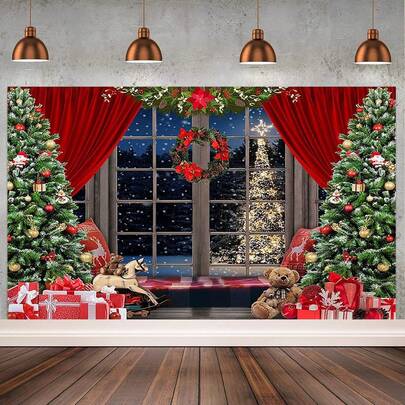 1 Stück Weihnachts-Hintergrundfahne, 210 x 150 cm / 150 x 100 cm / 100 x 75 cm Weihnachtsbaum Geschenke Fröhliche Weihnachten Hintergrund, geeignet für Weihnachtsparty, Fotohintergrund, Wandschild, Gartenschild, Weihnachts-Neujahrs-Weihnachtsabend-Weihnachtsparty-Dekoration