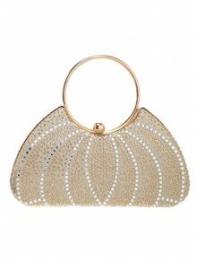 Women's Fashion Round Handle Rhinestone Decorated Evening Bag Tote Party Handbag