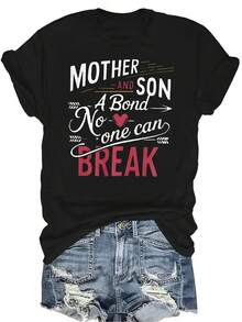 Camiseta "Madre e hijo, un vínculo que nadie puede romper" para mujer y unisex, de verano, casual, transpirable, con personalidad, cuello redondo, manga corta, ropa de calle, versátil, adecuada para adolescentes y adultos - Negro - Ver 1
