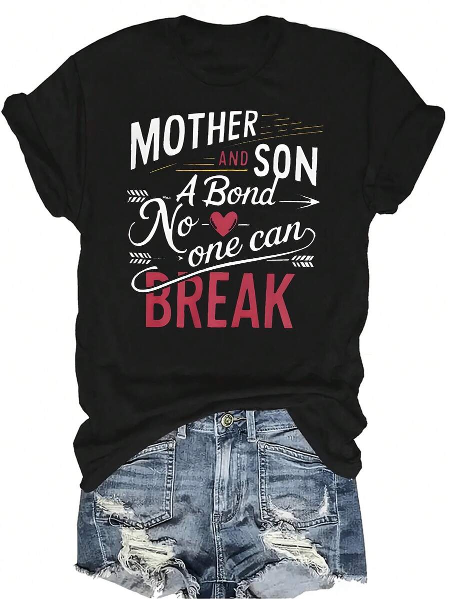 Camiseta "Madre e hijo, un vínculo que nadie puede romper" para mujer y unisex, de verano, casual, transpirable, con personalidad, cuello redondo, manga corta, ropa de calle, versátil, adecuada para adolescentes y adultos - Negro - Ver 1