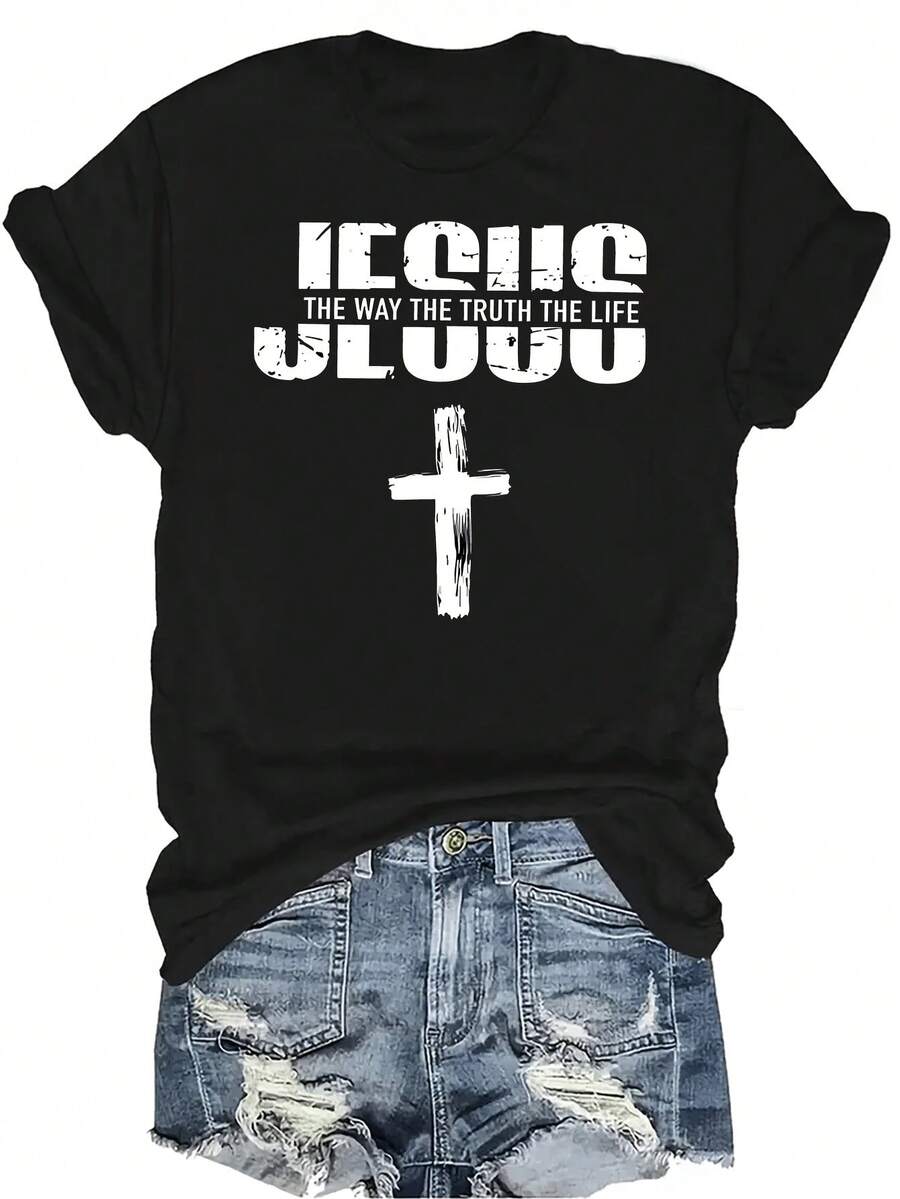 Sudadera con capucha de Jesús "El Camino, la Verdad y la Vida" Camiseta de fe para mujer y unisex, de verano, casual, transpirable, de cuello redondo, de manga corta, de estilo urbano y versátil, adecuada para adolescentes y adultos - Negro - Ver 1