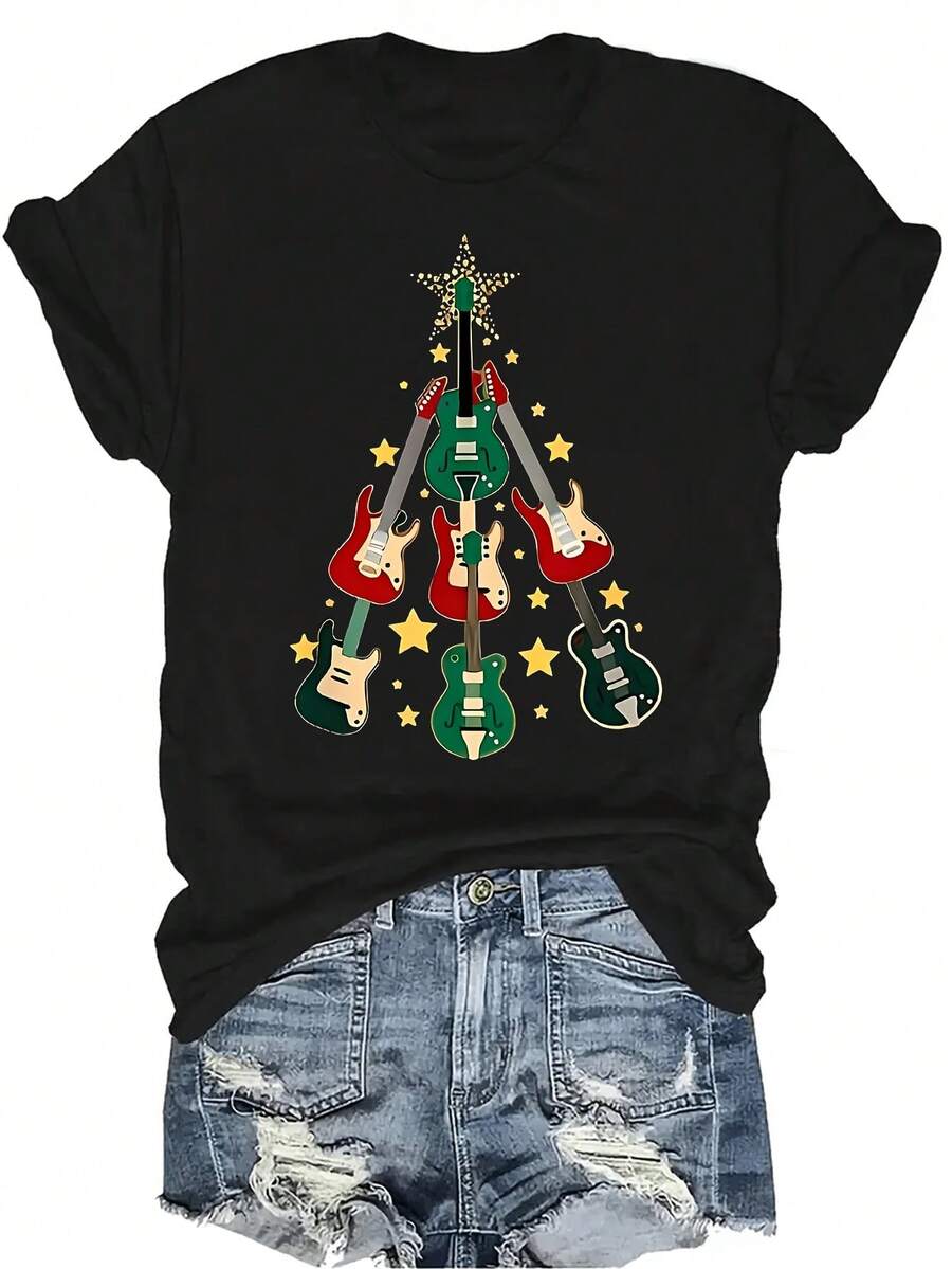 Camiseta con patrones interesantes para mujer y unisex, de verano, casual, transpirable, con cuello redondo, manga corta, estilo urbano y versátil, adecuada para adolescentes y adultos - Negro - Ver 1