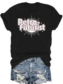 Camiseta retro futurista para mujer y unisex, de verano, casual, transpirable, con personalidad, cuello redondo, manga corta, ropa de calle, versátil, adecuada para adolescentes y adultos - Negro - Ver 1