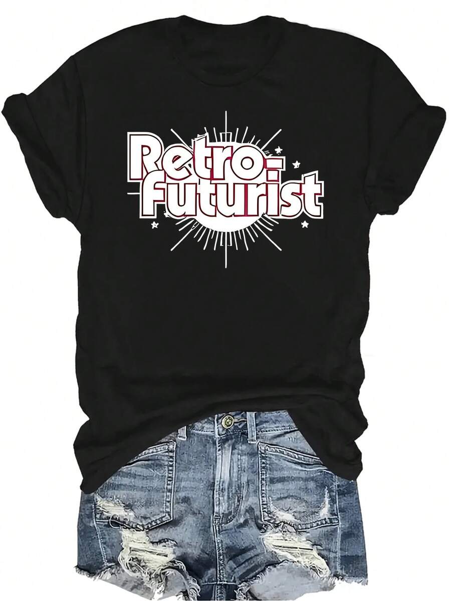 Camiseta retro futurista para mujer y unisex, de verano, casual, transpirable, con personalidad, cuello redondo, manga corta, ropa de calle, versátil, adecuada para adolescentes y adultos - Negro - Ver 1