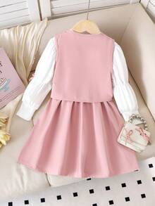 2 件套女童可爱蝴蝶结无袖背心和圆领长袖连衣裙套装，春秋季 - 粉色 - 查看 2