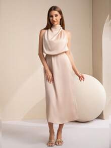 Satin High Neck Sleeveless Elegant Evening Dress, Cocktail Semi Formal Dress, For Birthday, Wedding Guest Dinner, Homecoming Party Dress