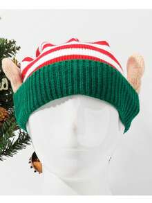 Christmas Hats For Men & Women, Christmas Theme Party Gift, Knitted Striped Cartoon Reindeer Long Beanie, Clown Hat - Green - View 4