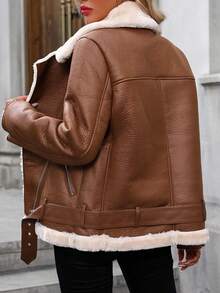 女式仿羊毛夹克厚衬里派克大衣冬季保暖外套仿皮夹克 - 棕色 - 查看 8