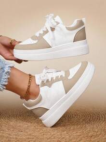 Women's All White Platform Sneakers - Minimalist Chunky Dad Shoes, Breathable Perforated Design, Comfortable Elevated Shoes For Wide Feet, Versatile Casual Wear,Women's Fashion Elevator Sneakers - Hidden Height Increase White Shoes, Lightweight Cushioned Comfort, Arch Support For All Day Walking, Work Nursing Shoes,Women's Orthopedic Friendly White Sneakers - Chunky Comfort Shoes With Good Arch Support, Breathable Leather Upper, Fashionable Supportive Shoes For Plantar Fasciitis,Women's Airy Casual Tennis Shoes - All White Lace-Up Walking Shoes With Platform Sole, Non-Slip Rubber Bottom, Versatile For Work, Travel And Daily Outfits,Women's Classic White Leather Sneakers - Elevated Platform For Height, Lightweight & Cushioned For Standing All Day, Perfect Nurse Shoes For Women, Arch Support Slip-On - 卡其色 - 查看 4