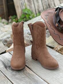 1 双 2025 新款西部牛仔复古短靴，尖头刺绣马靴，粗跟时尚百搭靴 - 棕色 - 查看 2