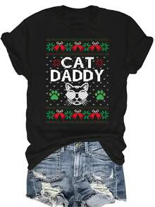 Camiseta de Navidad Mujer Unisex Verano Casual Transpirable Personalidad Cuello Redondo Manga Corta Camiseta Ropa de Calle Versátil, Adecuada para Adolescentes y Adultos - Negro - Ver 1