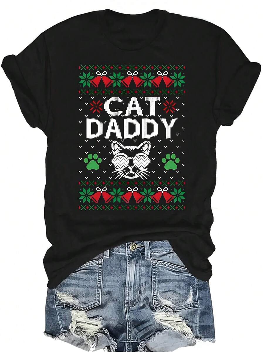 Camiseta de Navidad Mujer Unisex Verano Casual Transpirable Personalidad Cuello Redondo Manga Corta Camiseta Ropa de Calle Versátil, Adecuada para Adolescentes y Adultos - Negro - Ver 1