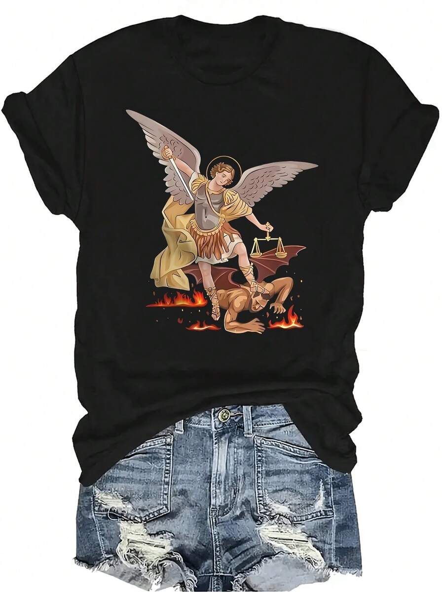 Camiseta de San Miguel Arcángel para Halloween para mujeres y unisex, de verano, casual, transpirable, de personalidad, de cuello redondo, de manga corta, de uso versátil, adecuada para adolescentes y adultos - Negro - Ver 1