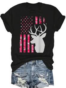 Camiseta de camuflaje con bandera americana en color rosa para mujer y unisex, de verano, casual, transpirable, de cuello redondo, manga corta, estilo urbano y versátil, adecuada para adolescentes y adultos - Negro - Ver 1