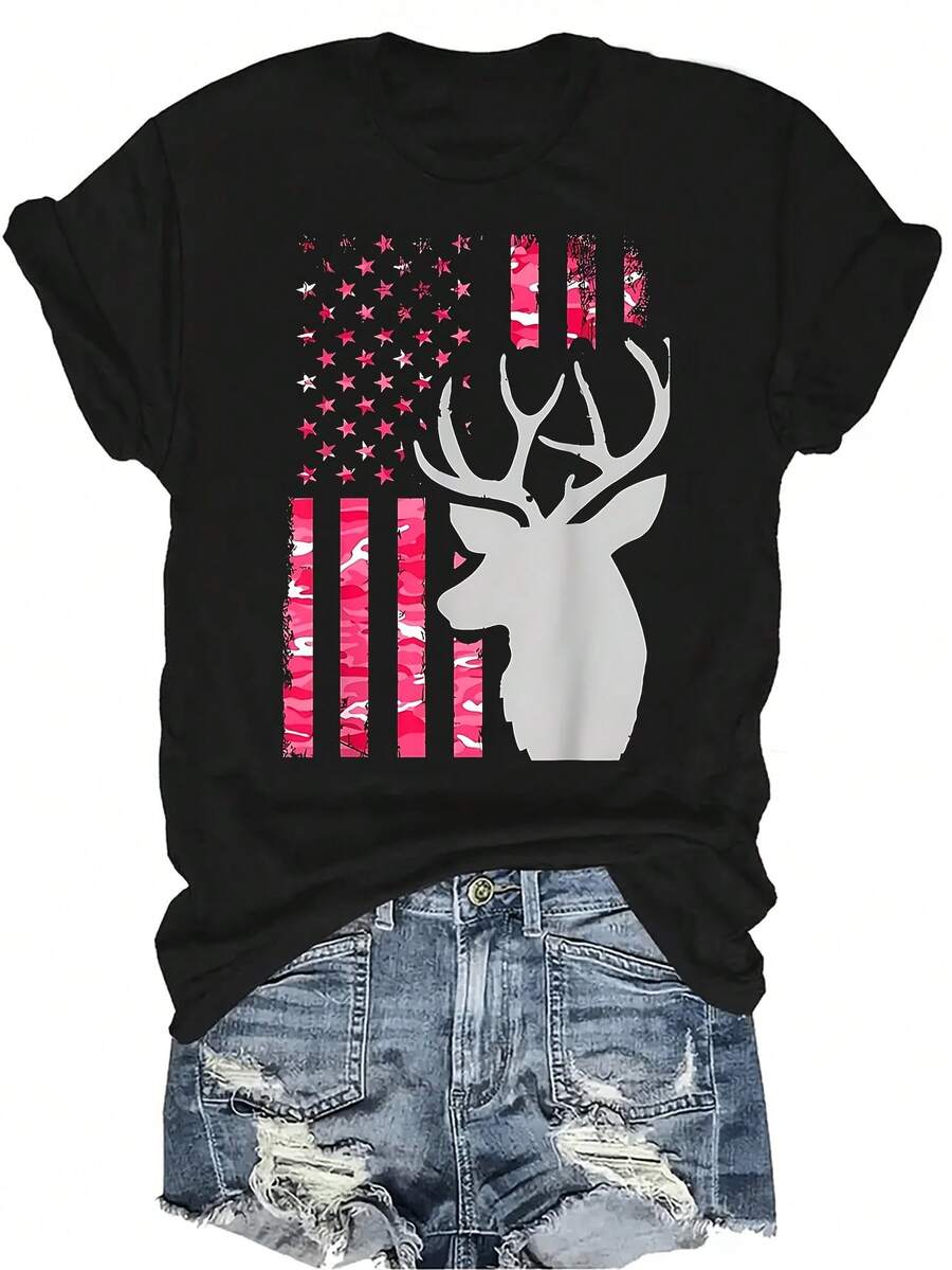 Camiseta de camuflaje con bandera americana en color rosa para mujer y unisex, de verano, casual, transpirable, de cuello redondo, manga corta, estilo urbano y versátil, adecuada para adolescentes y adultos - Negro - Ver 1