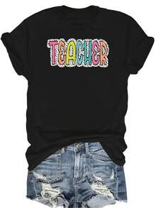 Camiseta de mujer con estampado de maestro, de estilo casual y transpirable, de cuello redondo y manga corta, versátil, adecuada para adolescentes y adultos - Negro - Ver 1