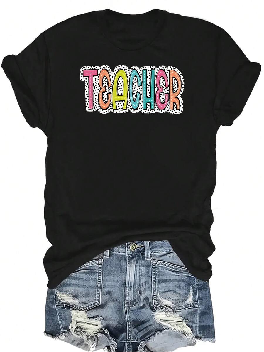 Camiseta de mujer con estampado de maestro, de estilo casual y transpirable, de cuello redondo y manga corta, versátil, adecuada para adolescentes y adultos - Negro - Ver 1