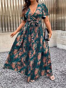 Rochie maxi elegantă pentru femei, mărime mare, cu imprimeu floral boem, turcoaz, verde și maro, decolteu încrucișat, design în linie A la tiv și talie, potrivită pentru ocazii formale, gale, petreceri, rochie maxi luxoasă de vară pentru femei, cu imprimeu floral - Moca Brown - Vizualizare 5