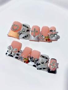 10pcs Y2K Halloween Platypus Handmade Nail Art Stickers, Full Crystal Decor, Evil Eye Design, Exaggerated Jewelry Style, Ombre Gradient, DIY Nail Stickers, Acrylic False Nails; Suitable For Holidays, Parties, Daily Wear; Includes 1 Bottle Of Jelly Gel And 1 Mini Nail File. Nail Supplies - Black and White - View 3