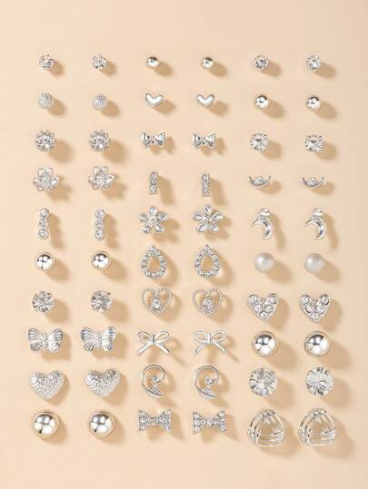 60pcs Fashion Metal Butterfly, Heart, Rhinestone, Moon, Bow Knot, Flower Stud Earrings Set, Jewelry Gift, Suitable For Women Daily Wear