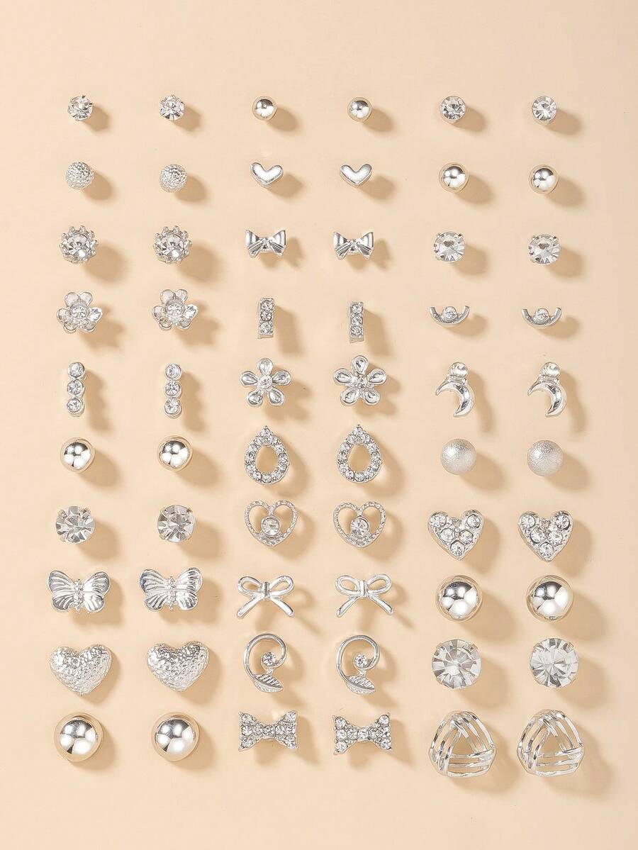 Bộ 60 khuyên tai kim loại thời trang hình bướm, trái tim, đính đá, mặt trăng, nơ, hoa, quà tặng trang sức, phù hợp cho phụ nữ đeo hàng ngày. - Bạc - Xem 1