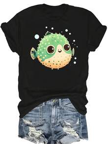 Camiseta de pez globo enano tipo guisante lindo para mujeres y unisex, de verano, casual, transpirable, de personalidad, de cuello redondo, de manga corta, ropa de calle, versátil, adecuada para adolescentes y adultos - Negro - Ver 1