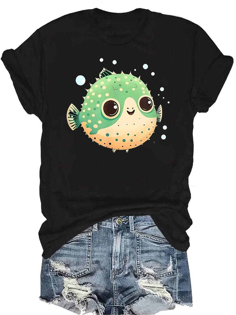 Camiseta de pez globo enano tipo guisante lindo para mujeres y unisex, de verano, casual, transpirable, de personalidad, de cuello redondo, de manga corta, ropa de calle, versátil, adecuada para adolescentes y adultos - Negro - Ver 1
