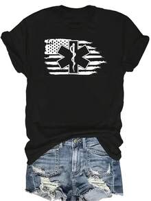 Camiseta con bandera americana para paramédicos, técnicos médicos de emergencia y primeros respondedores, de estilo casual y transpirable, de cuello redondo y manga corta, adecuada para adolescentes y adultos - Negro - Ver 1