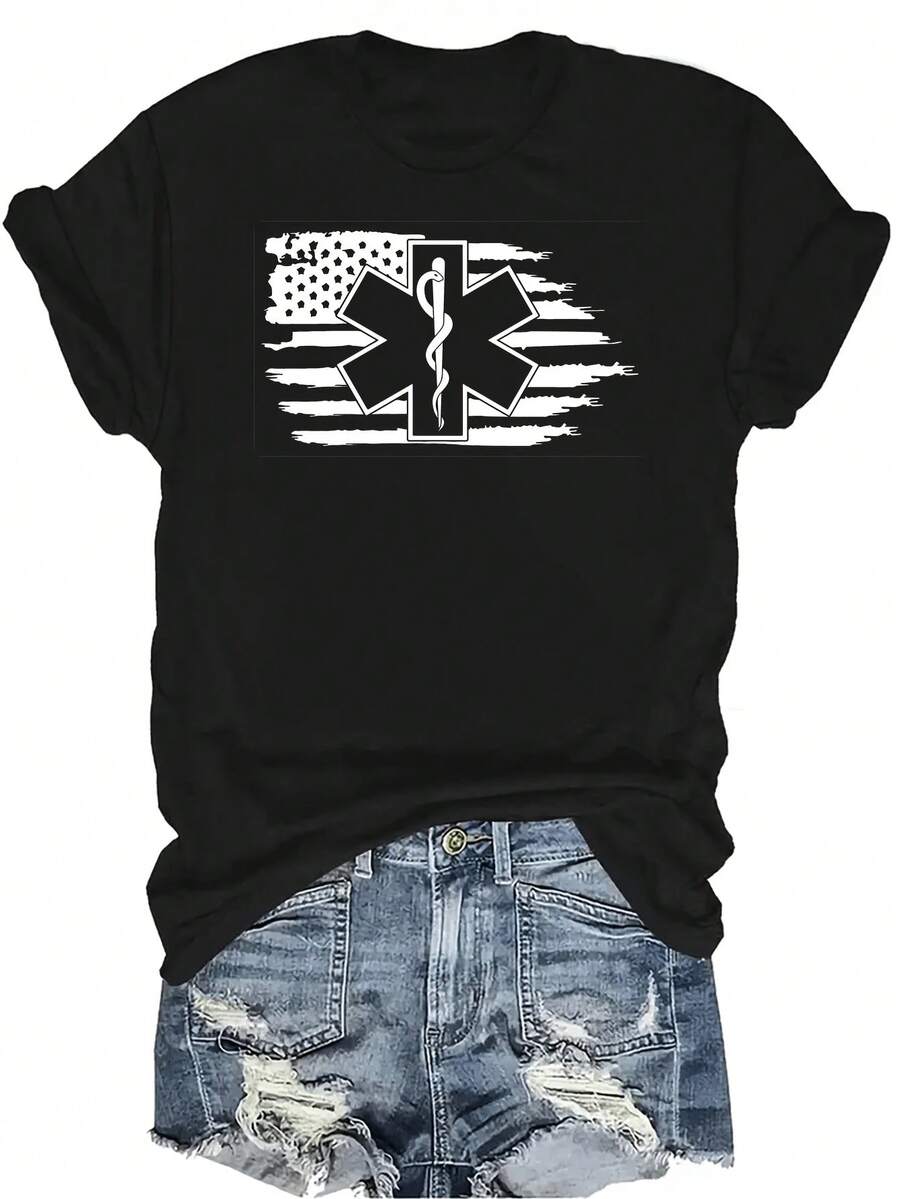 Camiseta con bandera americana para paramédicos, técnicos médicos de emergencia y primeros respondedores, de estilo casual y transpirable, de cuello redondo y manga corta, adecuada para adolescentes y adultos - Negro - Ver 1