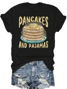 Camiseta de panqueques y pijamas para mujer y unisex, de verano, casual, transpirable, con personalidad, cuello redondo, manga corta, ropa de calle, versátil, adecuada para adolescentes y adultos - Negro - Ver 1