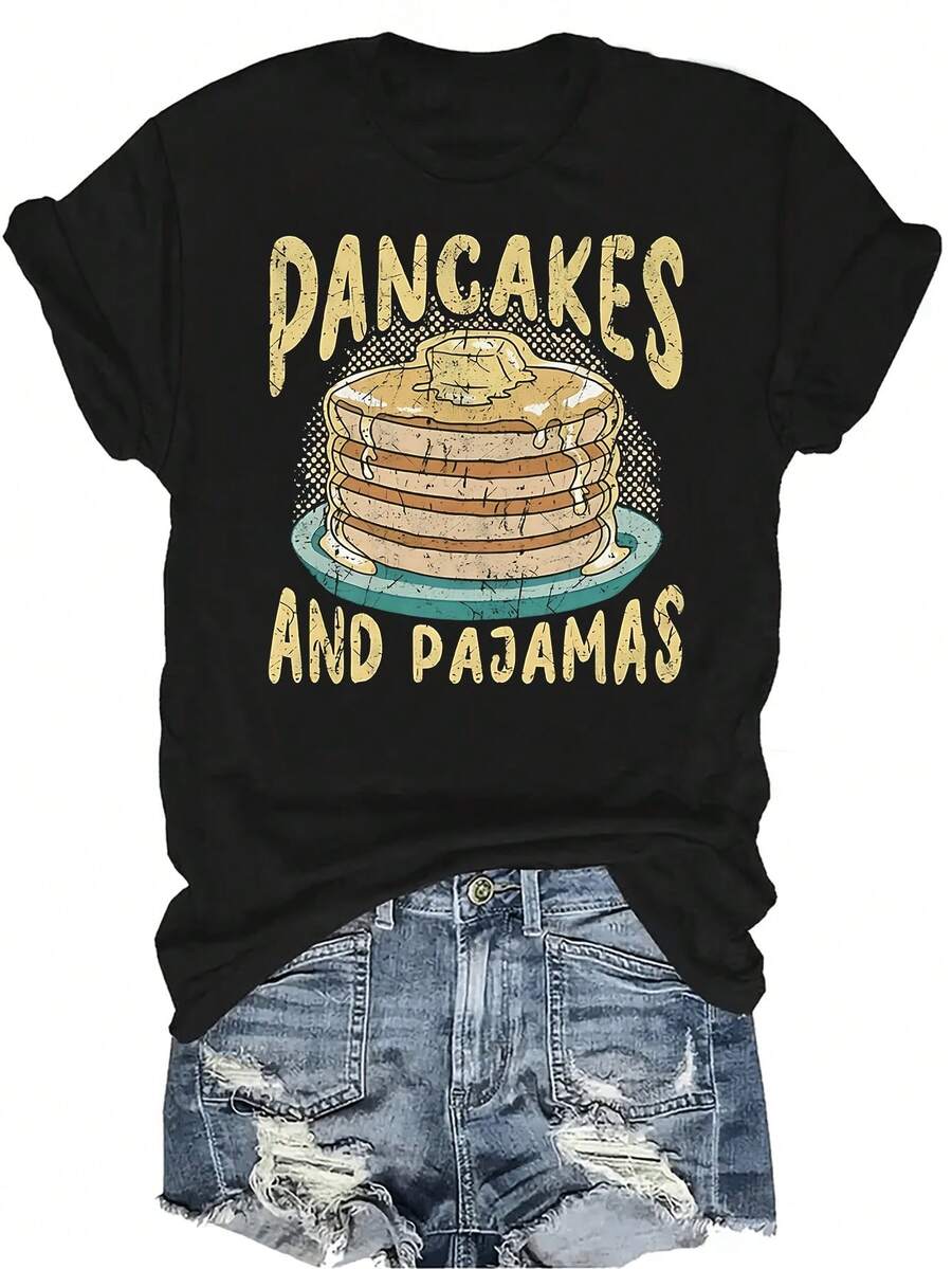 Camiseta de panqueques y pijamas para mujer y unisex, de verano, casual, transpirable, con personalidad, cuello redondo, manga corta, ropa de calle, versátil, adecuada para adolescentes y adultos - Negro - Ver 1