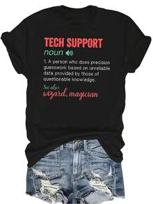 Camiseta TECH SUPPORT 1 para mujer y unisex, de verano, casual, transpirable, con personalidad, cuello redondo, manga corta, estilo urbano, versátil, adecuada para adolescentes y adultos - Negro - Ver 1
