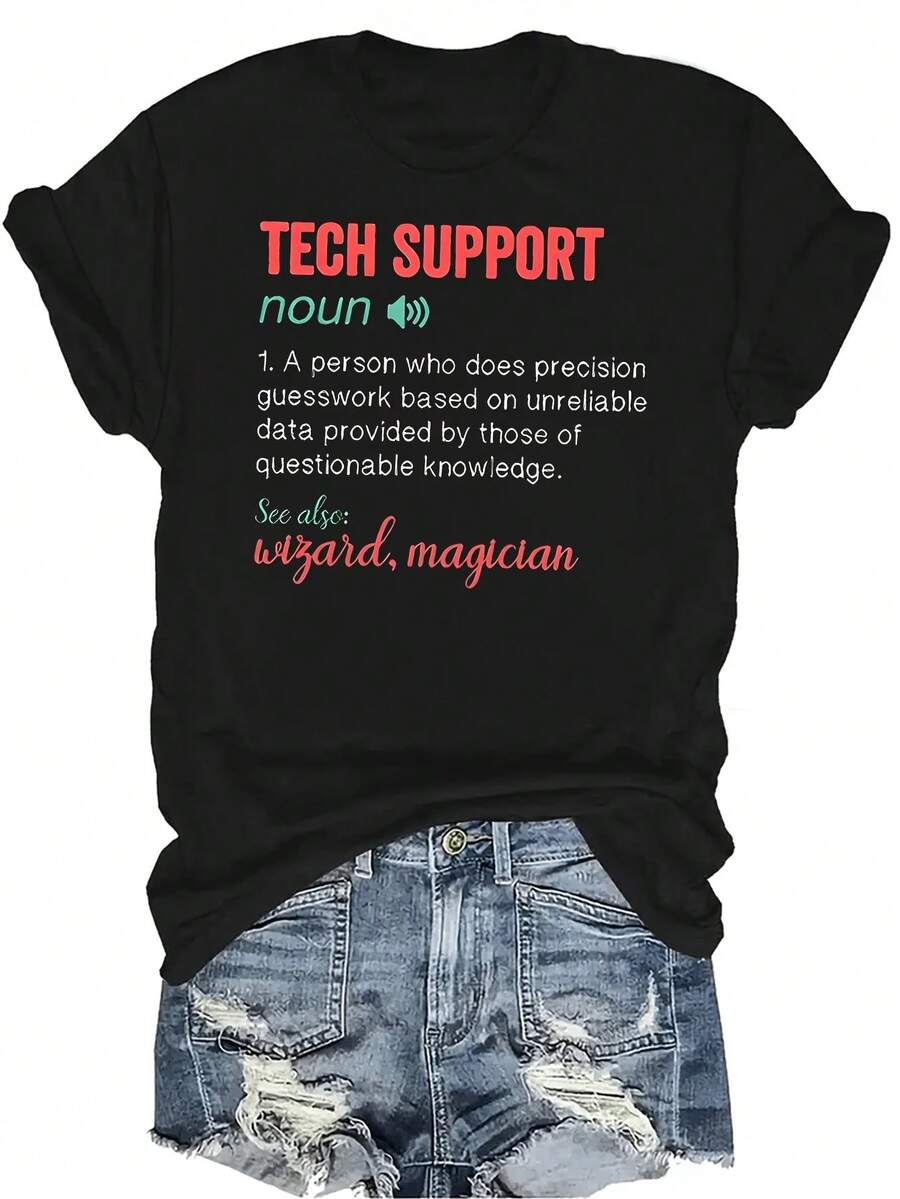 Camiseta TECH SUPPORT 1 para mujer y unisex, de verano, casual, transpirable, con personalidad, cuello redondo, manga corta, estilo urbano, versátil, adecuada para adolescentes y adultos - Negro - Ver 1