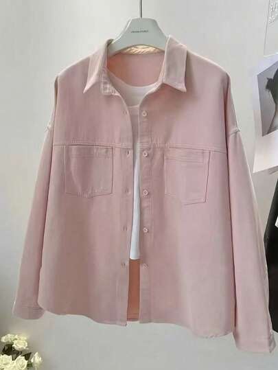 Chaqueta casual de oficina con botones delanteros y bolsillo, de unicolor y manga larga para mujer de talla grande